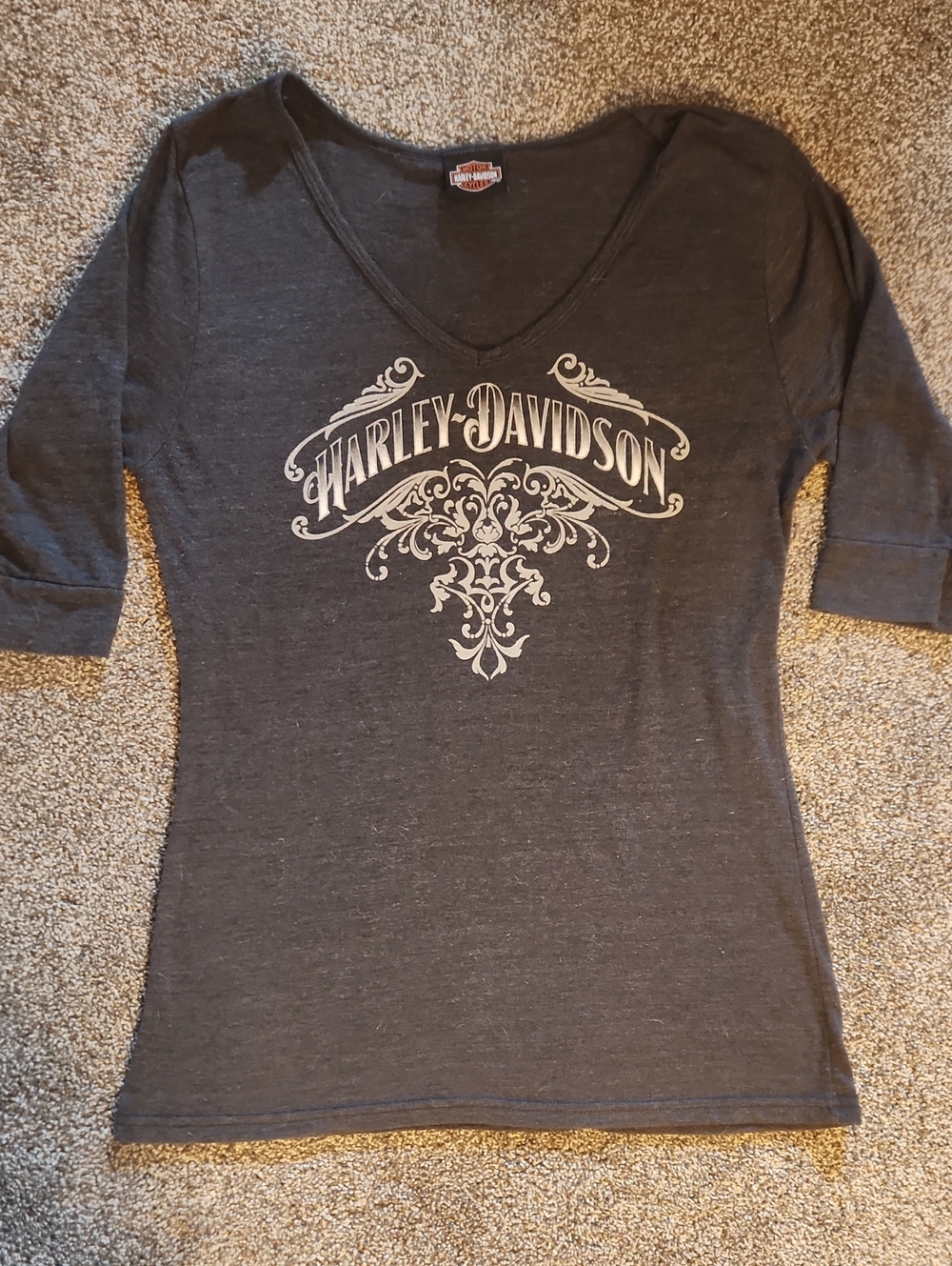 Harley Davidson (2002) Women's 1/4 Sleeve V-Neck Top - Size XL? Chest 19 Inches